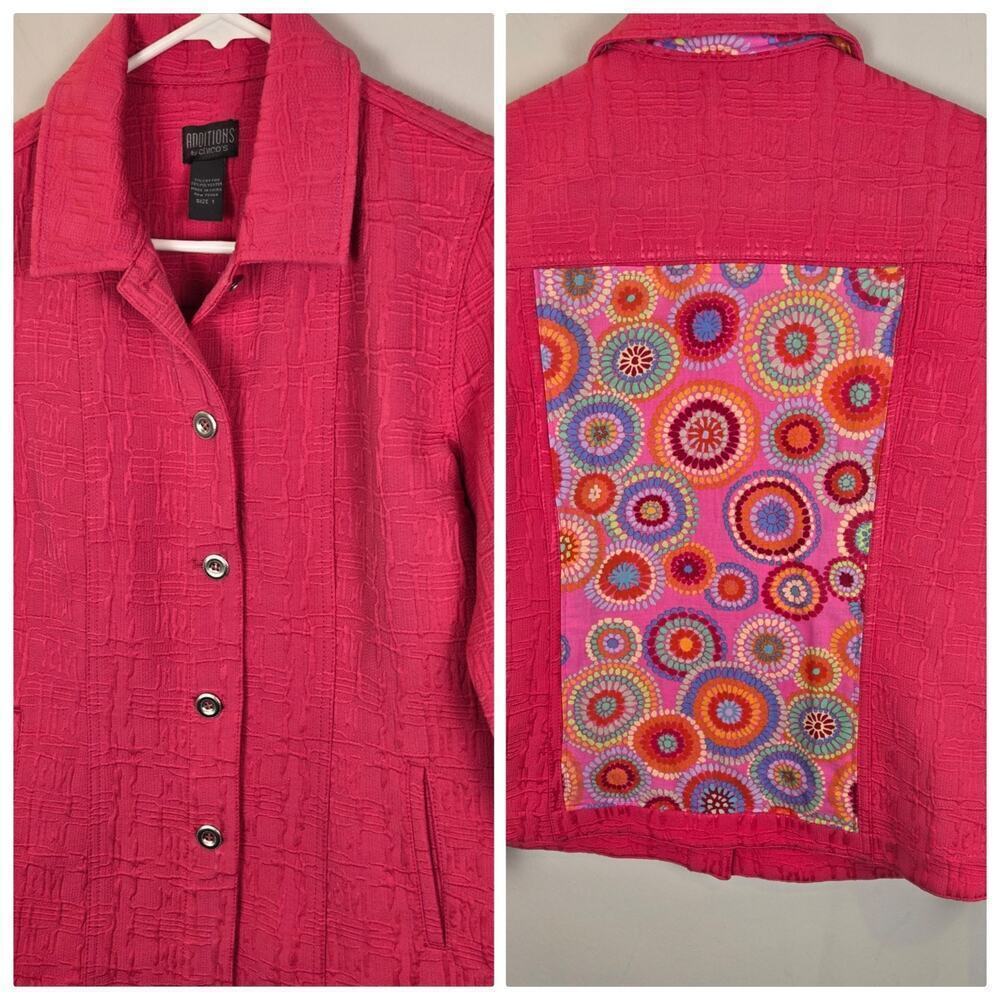 Hot Pink Geo Multicolor Back Jacket Additions By CHICOS Size 1 (M or 10) ARTSY